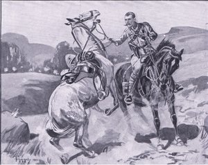 El mayor Brown, 14º de Húsares, sosteniendo el caballo del teniente Brown bajo fuego intenso (ilustración de After Pretoria: The Guerilla War, 1902) de J. H. Thorneley