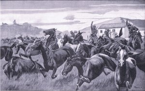Bóers saqueando el Depósito de Remonta en Braamfontein, de Después de Pretoria: La Guerra de Guerrillas publicado por Harmsworth Bros Limited, 1901