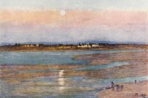 Salida de la luna al atardecer, de La Croix Blanche, Mont St Michel (litografia en color) de J. Hardwicke Lewis