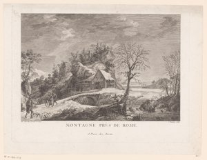 Vista de una casa cerca de un puente con figuras. Montagne près de Rome (título sobre objeto) de J. Hémery