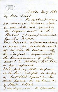Carta firmada por J.M.F. [J.M. Forbes], Boston, a Eliot [William G. Eliot], 7 de noviembre de 1863 de J. M. Forbes