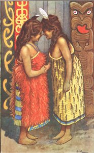 Niñas maoríes, de los carteles escolares de MacMillan, c.1950-60s (litografía en color) de J. Macfarlane
