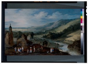Un extenso paisaje fluvial con campesinos recogiendo la cosecha de J. & Momper J. de (1564 1635) Brueghel