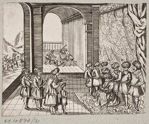 Ilustración para Adam Olearius, "Persianischer Rosenthal von einem Sinnreichen Poeten Schich Saadi [...]", Schleswig 1660 de J. Muller