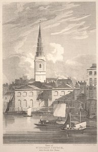 Vista de la iglesia de St. Brides, tomada desde el río Támesis, grabado por Matthews