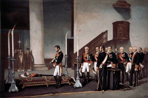 El rey Amadeo I frente al ataúd del General Prim, grabado por J. Palacios de J. Palacios