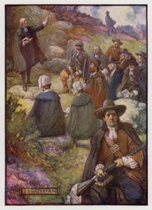 Centinelas armados vigilando durante una reunión de los Covenanters escoceses, siglo XVII