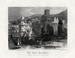 El Ghat, Hurdwar, hindúes bañándose en el Ganges, siglo XIX de J. Redaway