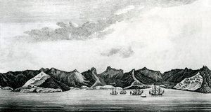 Vista de la Bahía de Cumberland en la isla de Juan Fernández, c.1745 (grabado) de J. S. Mason