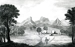 Vista de la tienda del comodoro en la isla de Juan Fernández, c.1745 de J. S. Mason