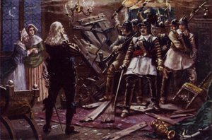 Soldados parlamentarios de Oliver Cromwell irrumpiendo en la casa de un partidario del rey Carlos I (litografia en color)