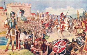 El Imperio Romano: una columna de soldados avanza por un puente. de J. Williamson