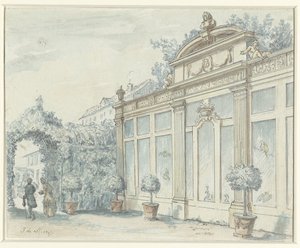 Vista en un jardín francés con un caballero y una dama de J. de Marsy