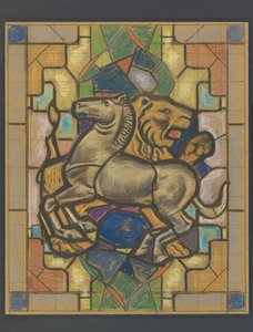 Diseño para una vidriera con un caballo y un león