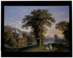 Paisaje Ideal Con La Pequeña Cascatelle Y La Villa Mecenas En Tivoli de Jacob Philippe Hackert