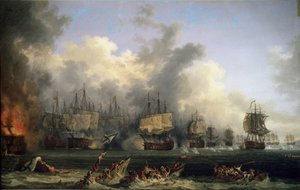 ""El hundimiento de los barcos turcos durante la Batalla de Tchesme el 07/05/1770"" (La batalla naval de Chesma el 5 de julio de 1770) Opuso las flotas de la Rusia de Catalina II y el Imperio Otomano a Chios en Grecia (Revolución de Orloff o Expedición de  de Jacob Philippe Hackert