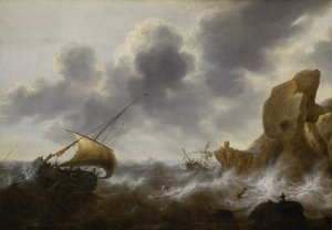 Barco de pesca en una costa rocosa con un naufragio, c.1664-65 (óleo sobre tabla) de Jacob Adriaensz. Bellevois