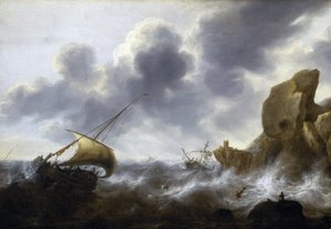 Un barco pesquero atrapado en una tormenta cerca de una costa rocosa, con un naufragio. Óleo sobre lienzo de Jacob Adriaensz Bellevois (1621-1675). de Jacob Adriaensz. Bellevois