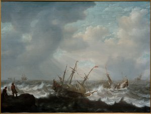 Barcos de tres mástiles y otros barcos en mar tormentoso de Jacob Adriaensz Bellevois