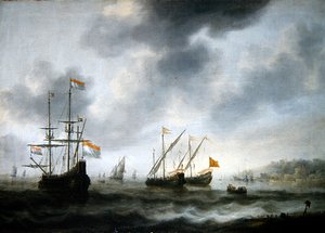 El buque insignia holandés De Roode Leeuw y dos barcos ingleses de Jacob Adriaensz. Bellevois