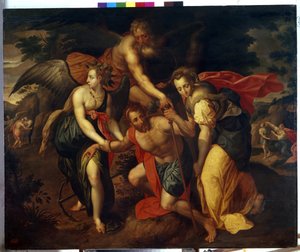 Las tres edades de la vida humana. (Las Tres Edades). Un hombre en la flor de la vida es sostenido por ángeles mientras vacila, a la derecha, un joven sale de una cueva, cerca de él una mujer arrodillada hace un gesto para detenerlo y a la izquierda