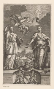 Alegoría de la Medicina en Estrasburgo Pharmacopoeia Argentoratensis (título sobre el objeto) de Jacob Andreas Fridrich (I)