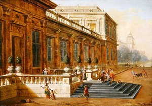 El regreso del hijo pródigo en los escalones de un palacio clásico de Jacob Balthasar Peeters