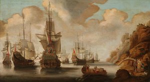 Una escuadra francesa cerca de una costa rocosa de Jacob Bellevois