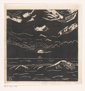 Paisaje marino con velero y sol poniente de Jacob Bendien