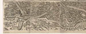 Plattegrond van Rome ten tijde van keizer Augustus (onderste blad) Una imagen muy precisa de la ciudad antigua formada a partir de monumentos antiguos. Efigies de la antigua Roma a partir de restos de edificios en ruinas (...) de Jacob Bos