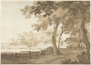 Paisaje con un camino bajo los árboles