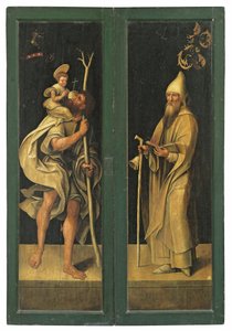 San Cristóbal llevando al niño Cristo y San Antonio Abad, caras exteriores de un retablo de Jacob Claesz. von Utrecht