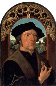 ""Portrait of a man"" (Retrato de un hombre) Retrato de un hombre de la burguesía holandesa, sosteniendo una joya de plata en la mano. Pintura de Jacob Cornelisz van Oostsanen (circa 1470-circa 1533) Museo del Hermitage San Petersburgo de Jacob Cornelisz van Oostsanen