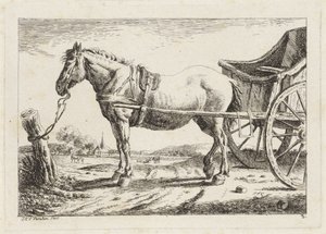 Caballo de pie, enganchado delante de un carro. Seis grabados a partir de dibujos de varios maestros (título de la serie)