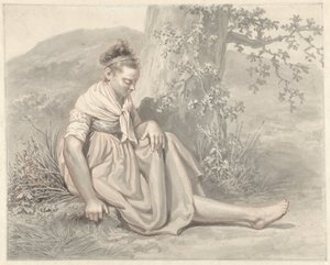 Campesina sentada en el suelo junto a un árbol