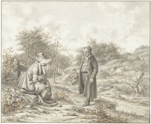 Paisaje montañoso con una mujer sentada y un hombre de pie con una cesta