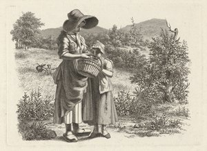 mujer joven, y, un, niño, mirar, en, un, cesta Impresiones de estudio / Etudes gravées (título de la serie) de Jacob Ernst Marcus