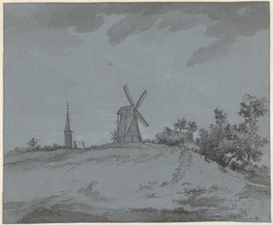Paisaje con molino de viento e iglesia en una colina de Jacob Ernst Marcus