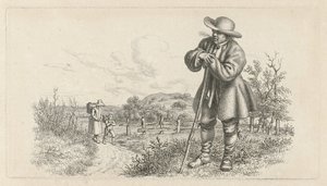 Hombre apoyado en un palo y una mujer con un niño en un camino rural Impresiones de estudio / Etudes gravées (título de la serie)