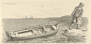 El hombre saca su bote de remos en tierra Impresiones de estudio / Etudes gravées (título de la serie) de Jacob Ernst Marcus