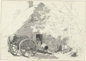 Carro de leche con caballo frente a una granja de Jacob Ernst Marcus