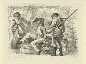 Soldado con vidrio levantado entre una mujer y un cazador. Impresiones de estudio / Etudes gravées (título de la serie) de Jacob Ernst Marcus