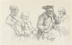 Hoja de estudio con tres ancianos y una joven. Impresiones de estudio / Etudes gravées (título de la serie)