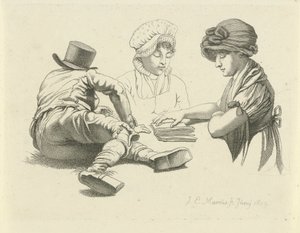 Hoja de estudio con un hombre acostado y dos damas. Impresiones de estudio / Etudes gravées (título de la serie) de Jacob Ernst Marcus