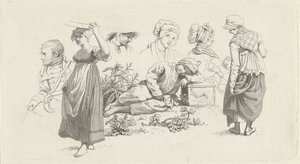 Hoja de estudio con un niño dormido y figuras. Impresiones de estudio / Etudes gravées (título de la serie) de Jacob Ernst Marcus