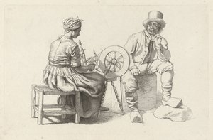 Hoja de estudio con una mujer en una rueca y un hombre sentado Impresiones de estudio / Etudes gravées (título de la serie)