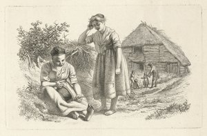 Dos mujeres y un hombre con niños frente a un granero Impresiones de estudio / Etudes gravées (título de la serie) de Jacob Ernst Marcus