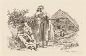 Dos mujeres y un hombre con niños frente a un granero Impresiones de estudio / Etudes gravées (título de la serie) de Jacob Ernst Marcus