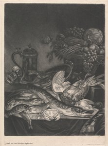 Bodegón con pescado y aves de corral