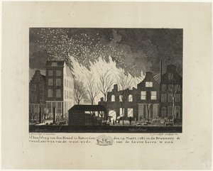 Incendio en la cervecería De Twee Leeuwen en Rotterdam, 1782 Imagen de den Brand en Rotterdam el 19 de marzo de 1782 en Brouwery de Twee Leeuwen desde el lado oeste de Leuvehaven (título sobre el objeto) de Jacob Groenendijk